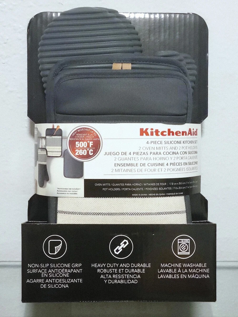 KitchenAid Gray Silicone Oven Mitts and Pot Holders - 4 Piece Set